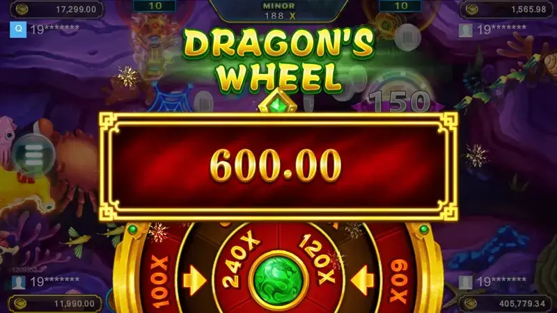 DRAGON’S WHEEL 展示:轉盤刻度與上方 600.00 結果框